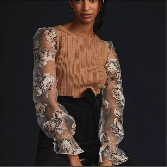 Maeve Tops - Maeve Beige Knit Vest Top with Floral Sheer Sleeves XL